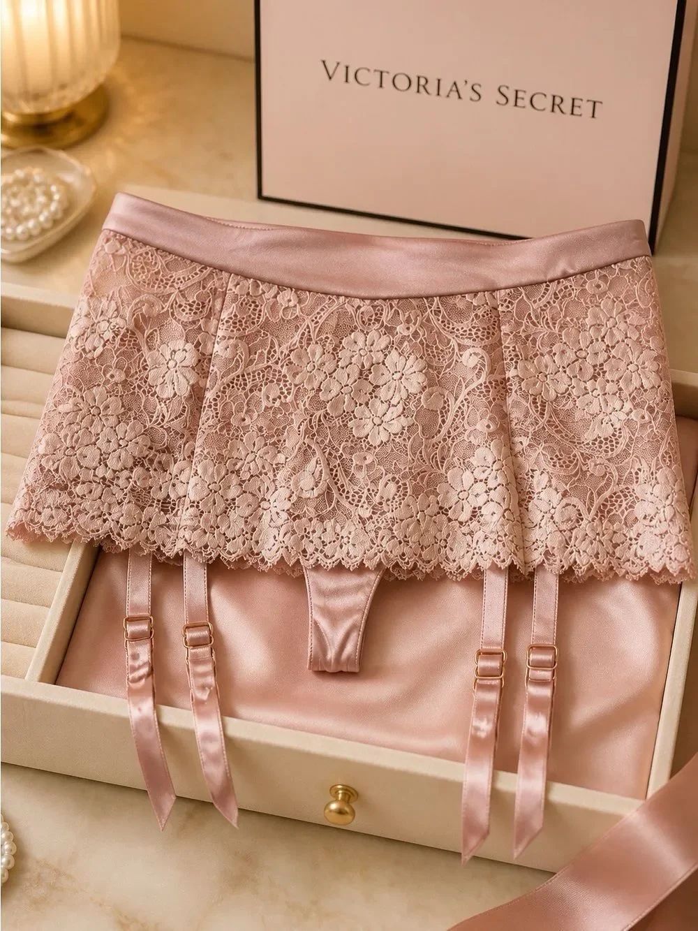 TAUPE VICTORIA’s SECRET ANGELS LACE SKIRT-GARTER-THONG SIZE-S